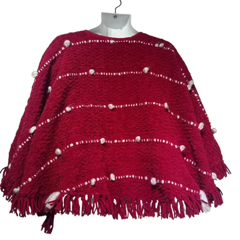 Shabby Chic Red Festive Christmas Tree Skirt Pom Pom Fringe Holiday Cottagecore
